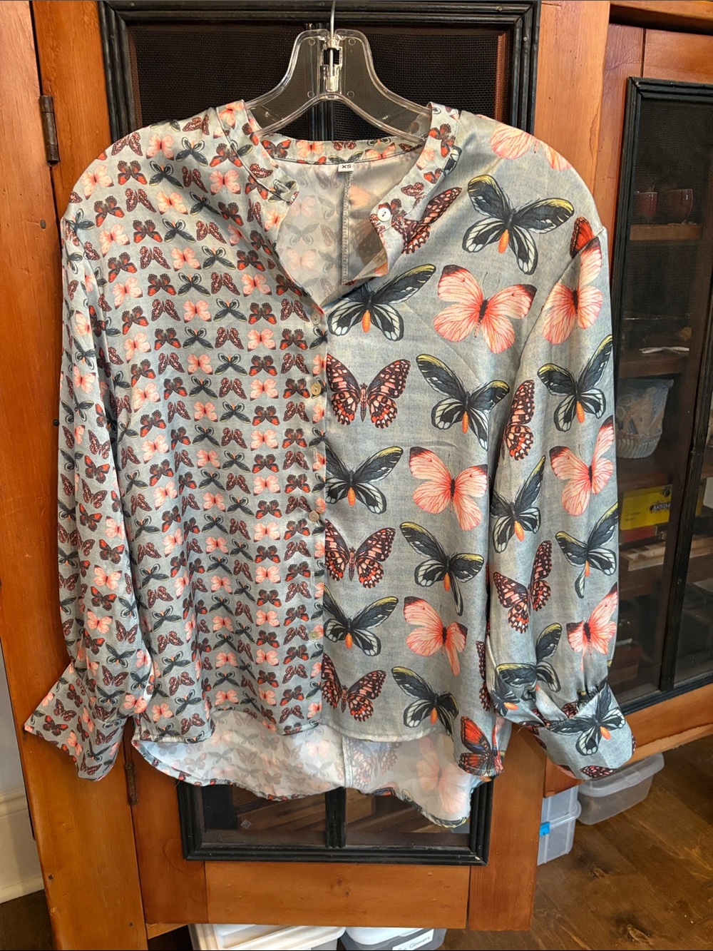 Butterfly Print Long-Sleeve Blouse - Gray with Coral Accents